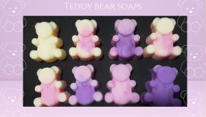 Teddy bear soaps for children, Pink, Purple & Yellow